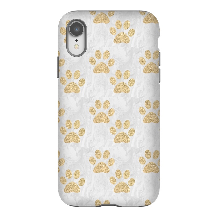 iPhone Xr StrongFit Gold Paw Prints on Marble by Julie Erin Designs