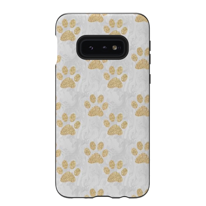 Galaxy S10e StrongFit Gold Paw Prints on Marble by Julie Erin Designs