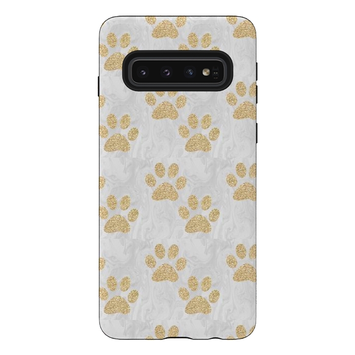 Galaxy S10 StrongFit Gold Paw Prints on Marble by Julie Erin Designs