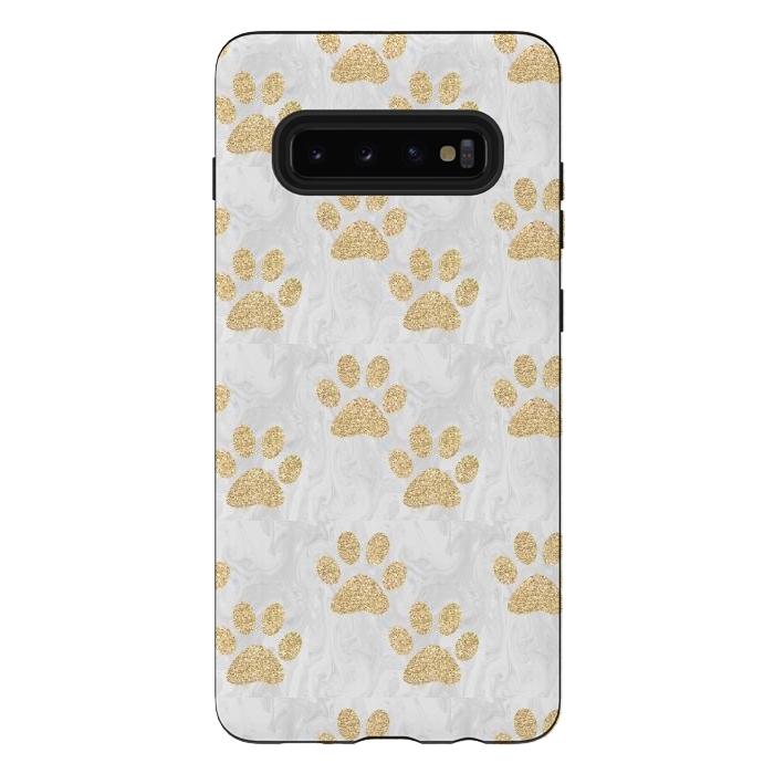 Galaxy S10 plus StrongFit Gold Paw Prints on Marble by Julie Erin Designs