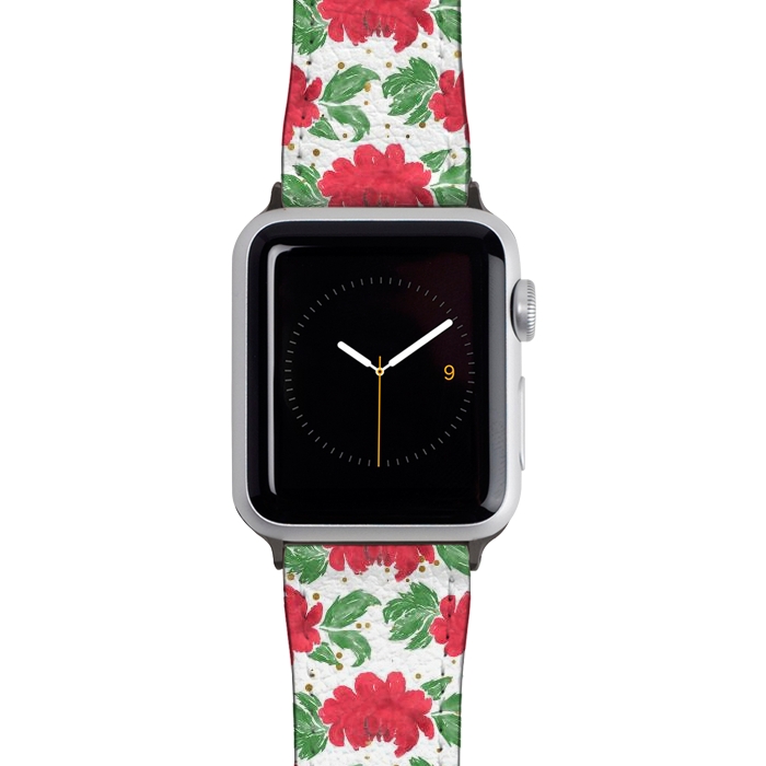 Watch 38mm / 40mm Strap PU leather Watercolor Winter Red Flowers Gold Dots Artwork by InovArts