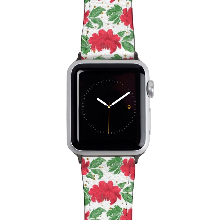 Watch 42mm / 44mm Strap PU leather Watercolor Winter Red Flowers Gold Dots Artwork by InovArts