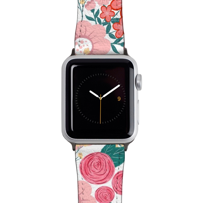 Watch 38mm / 40mm Strap PU leather Cute girly pink Hand Drawn Flowers design by InovArts