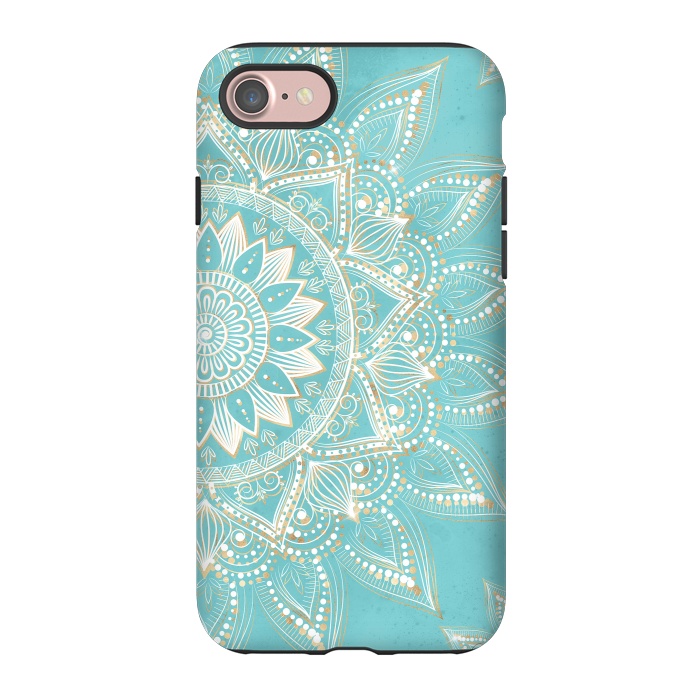iPhone 7 StrongFit Elegant White Gold Mandala Sky Blue Design by InovArts