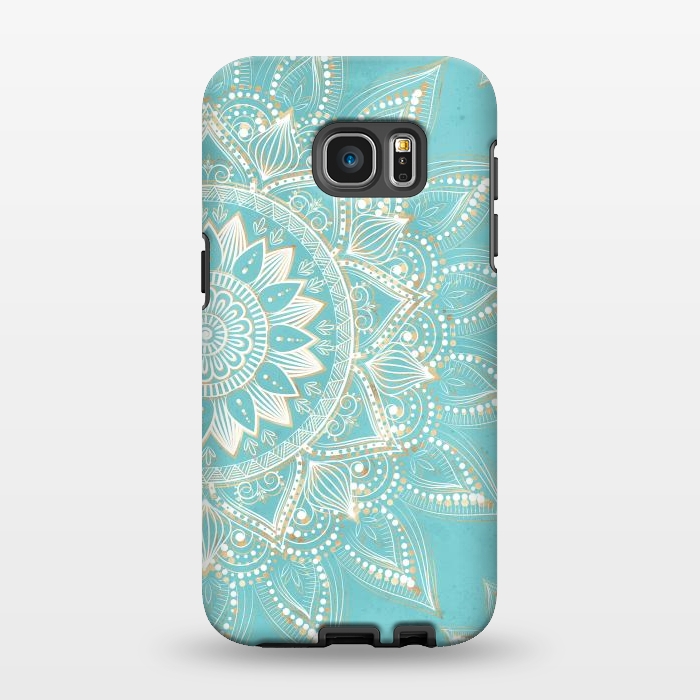 Galaxy S7 EDGE StrongFit Elegant White Gold Mandala Sky Blue Design by InovArts