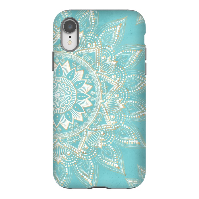 iPhone Xr StrongFit Elegant White Gold Mandala Sky Blue Design by InovArts