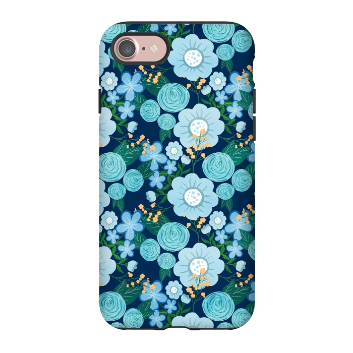 iPhone 7 StrongFit Cute Girly Blue Hand Drawn Flowers Pattern by InovArts
