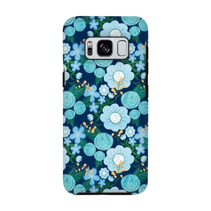 Galaxy S8 StrongFit Cute Girly Blue Hand Drawn Flowers Pattern by InovArts