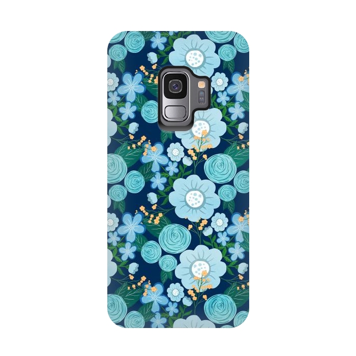 Galaxy S9 StrongFit Cute Girly Blue Hand Drawn Flowers Pattern by InovArts