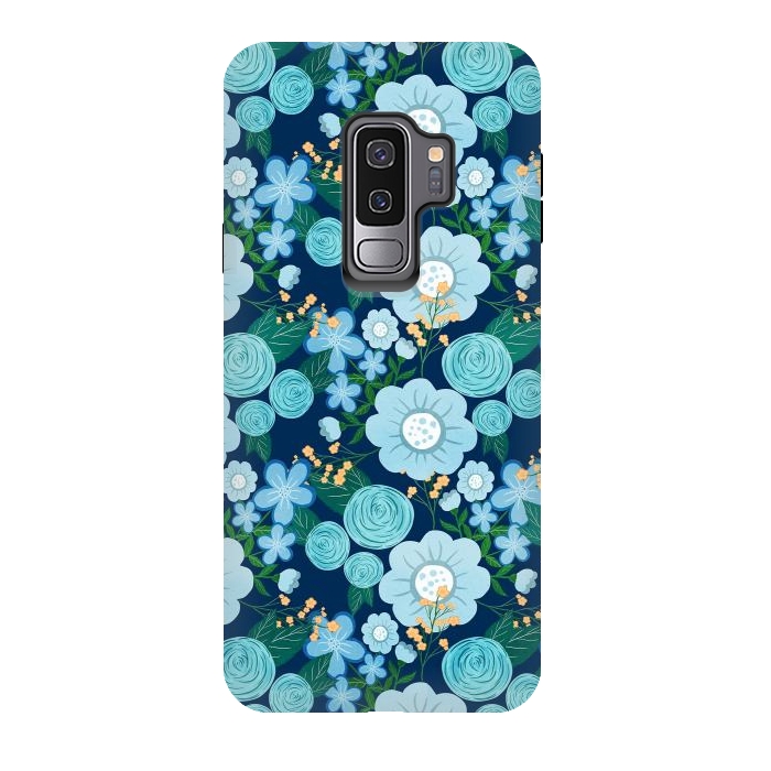 Galaxy S9 plus StrongFit Cute Girly Blue Hand Drawn Flowers Pattern by InovArts
