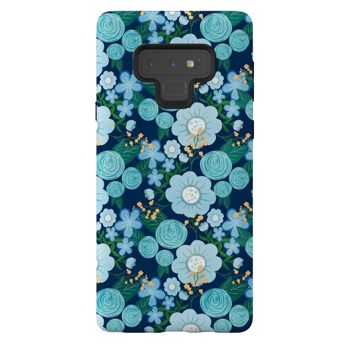 Galaxy Note 9 StrongFit Cute Girly Blue Hand Drawn Flowers Pattern by InovArts