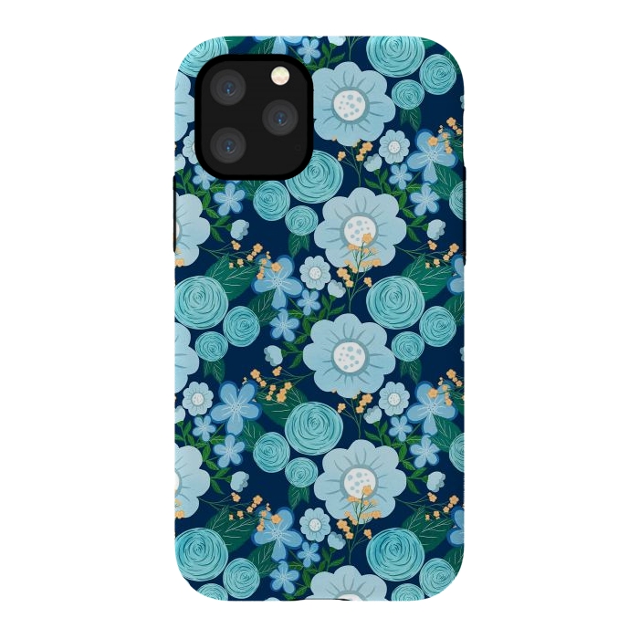 iPhone 11 Pro StrongFit Cute Girly Blue Hand Drawn Flowers Pattern by InovArts