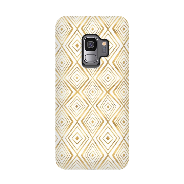 Galaxy S9 StrongFit Stylish Gold Diamond Shapes Doodles White Pattern by InovArts