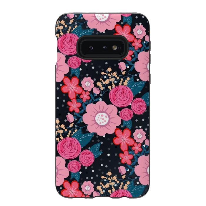 Galaxy S10e StrongFit Pretty girly pink Floral Silver Dots Gray design by InovArts