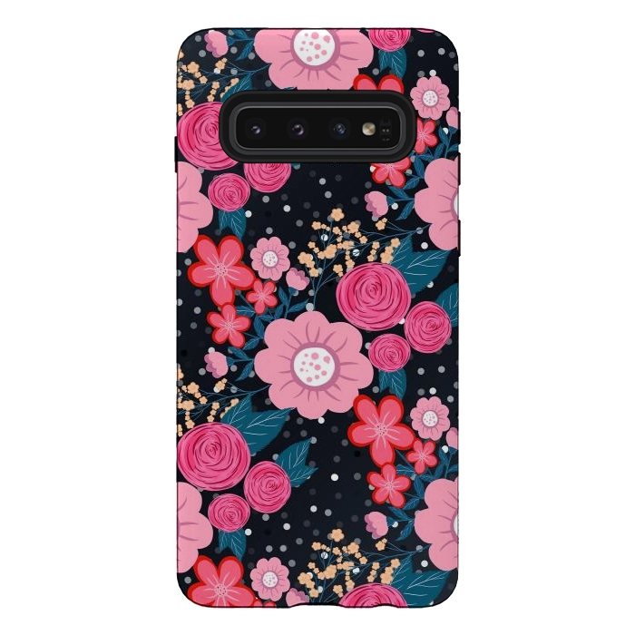 Galaxy S10 StrongFit Pretty girly pink Floral Silver Dots Gray design by InovArts