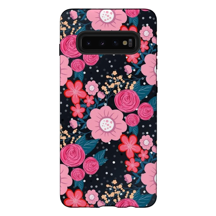 Galaxy S10 plus StrongFit Pretty girly pink Floral Silver Dots Gray design by InovArts