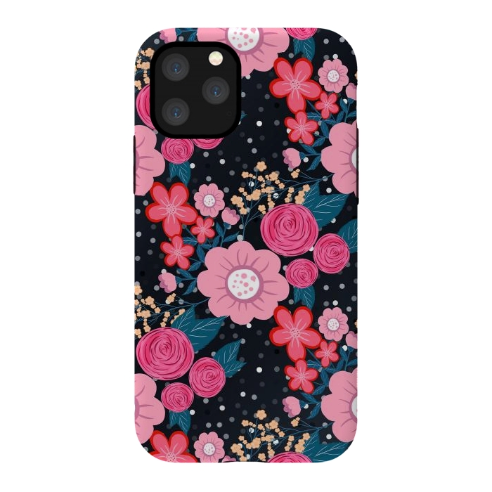 iPhone 11 Pro StrongFit Pretty girly pink Floral Silver Dots Gray design by InovArts