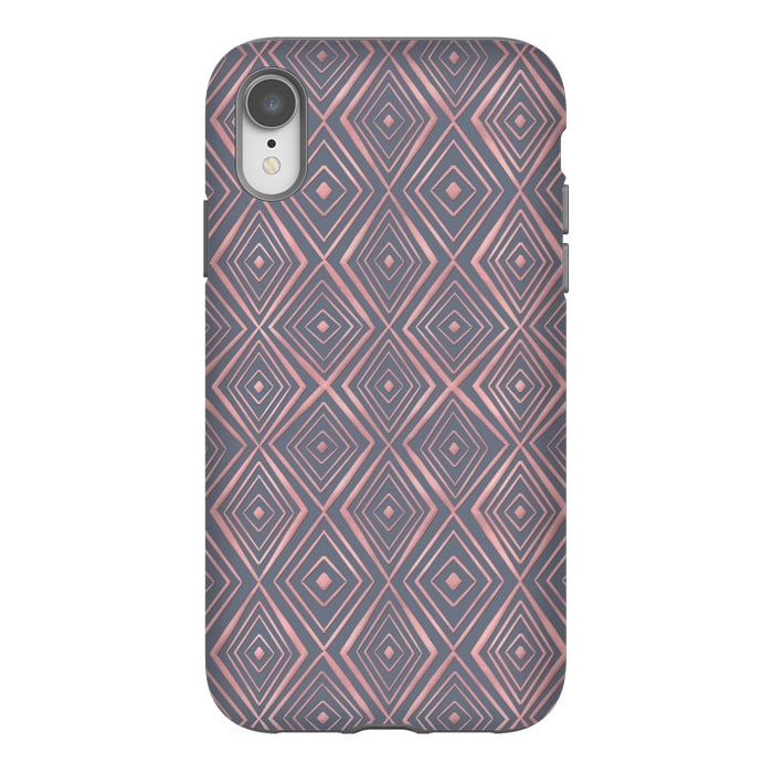 iPhone Xr StrongFit Stylish Rose Gold Diamond Shapes Doodles Gray Pattern by InovArts