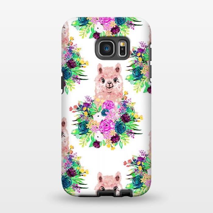Galaxy S7 EDGE StrongFit Cute Pink Alpaca and Flowers Watercolor paint by InovArts