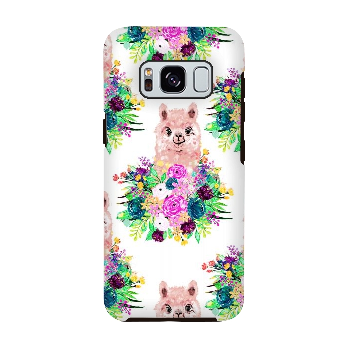 Galaxy S8 StrongFit Cute Pink Alpaca and Flowers Watercolor paint by InovArts