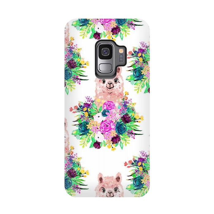 Galaxy S9 StrongFit Cute Pink Alpaca and Flowers Watercolor paint by InovArts