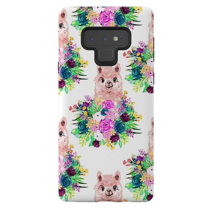 Galaxy Note 9 StrongFit Cute Pink Alpaca and Flowers Watercolor paint by InovArts
