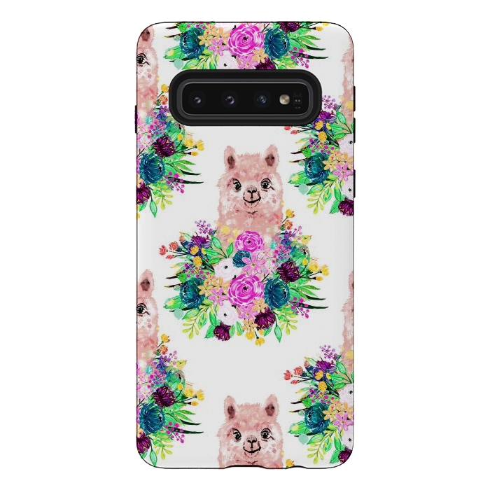 Galaxy S10 StrongFit Cute Pink Alpaca and Flowers Watercolor paint by InovArts