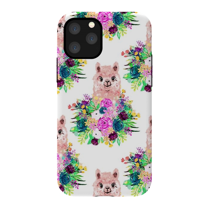 iPhone 11 Pro StrongFit Cute Pink Alpaca and Flowers Watercolor paint by InovArts
