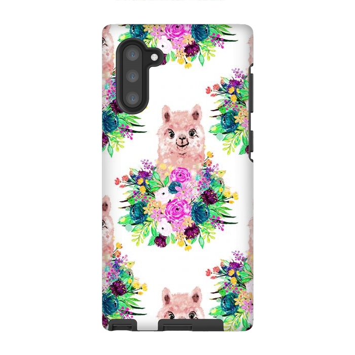 Galaxy Note 10 StrongFit Cute Pink Alpaca and Flowers Watercolor paint by InovArts