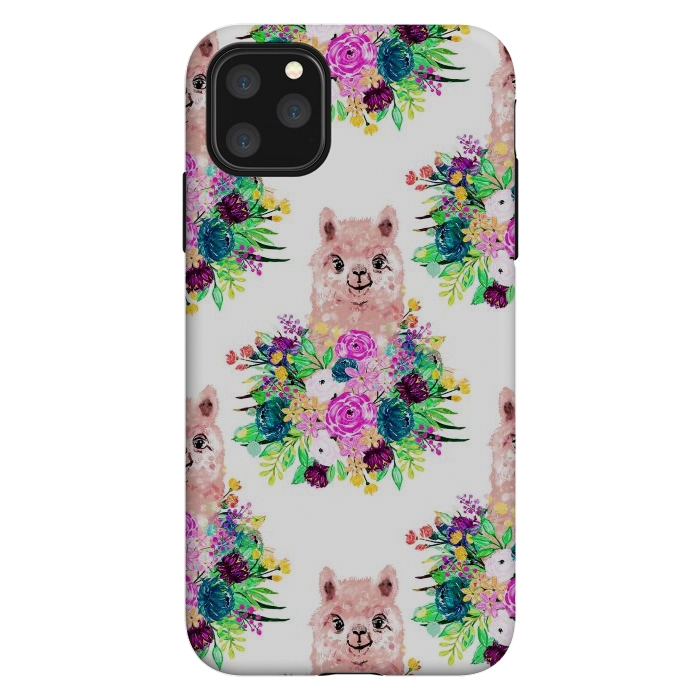 iPhone 11 Pro Max StrongFit Cute Pink Alpaca and Flowers Watercolor paint by InovArts