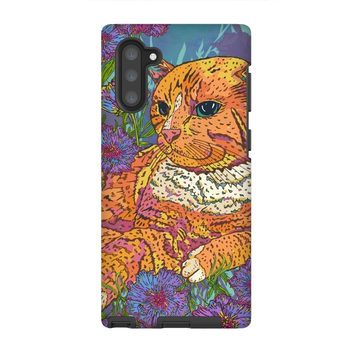 Galaxy Note 10 StrongFit Ginger Cat in Flowers by Lotti Brown