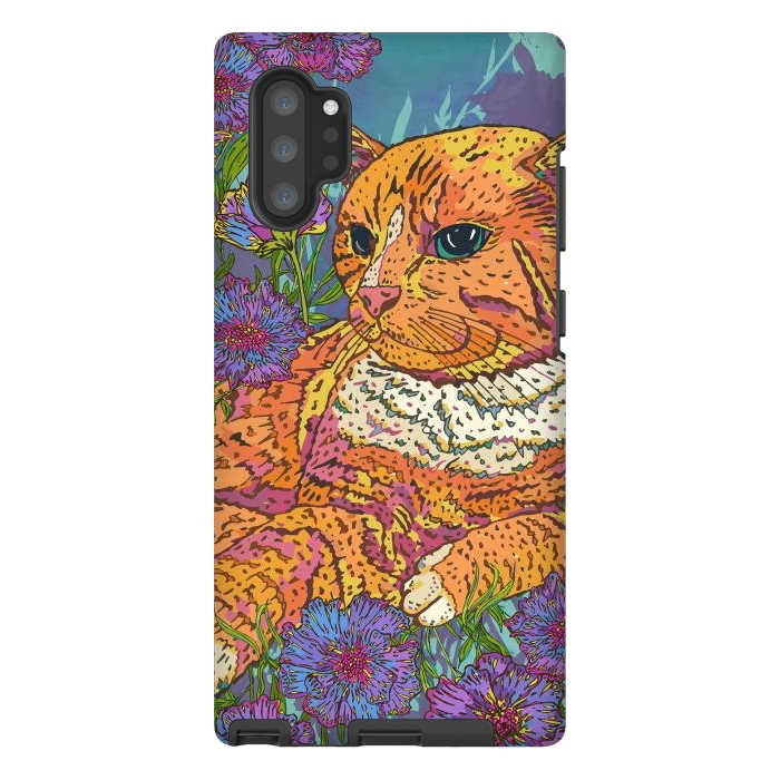 Galaxy Note 10 plus StrongFit Ginger Cat in Flowers by Lotti Brown