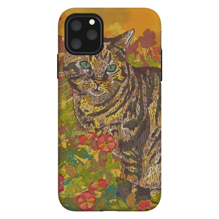 iPhone 11 Pro Max StrongFit Tabby Cat in Geraniums by Lotti Brown