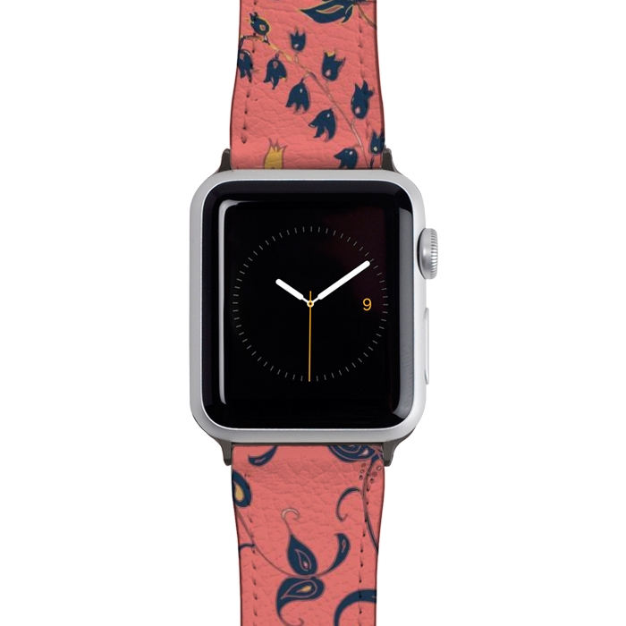 Watch 42mm / 44mm Strap PU leather Paradise Florals - Coral & Blue by Lotti Brown