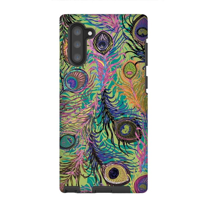 Galaxy Note 10 StrongFit Peacock Feathers in Lime Green & Pink by Lotti Brown