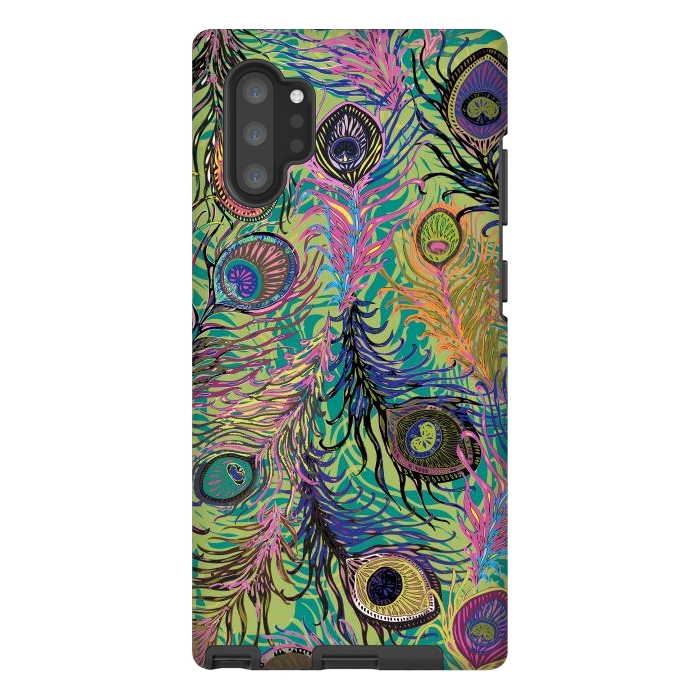 Galaxy Note 10 plus StrongFit Peacock Feathers in Lime Green & Pink by Lotti Brown