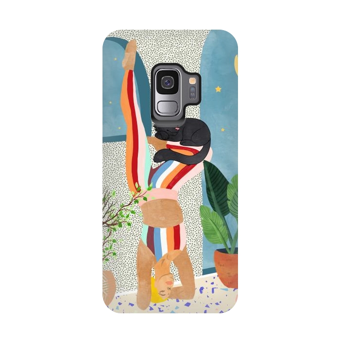 Galaxy S9 StrongFit Headstand, Cat Yoga, Active Woman Workout, Eclectic Colorful Pets Terrazzo by Uma Prabhakar Gokhale