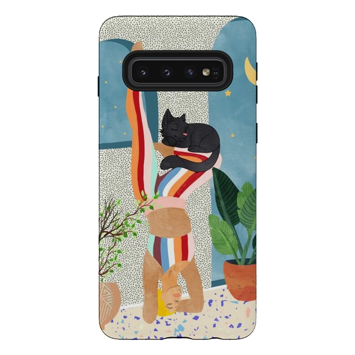 Galaxy S10 StrongFit Headstand, Cat Yoga, Active Woman Workout, Eclectic Colorful Pets Terrazzo by Uma Prabhakar Gokhale