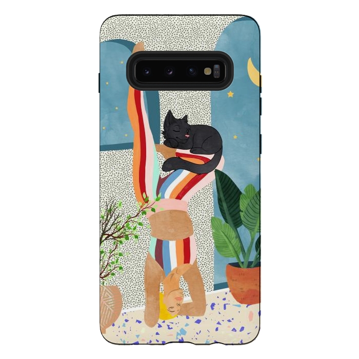 Galaxy S10 plus StrongFit Headstand, Cat Yoga, Active Woman Workout, Eclectic Colorful Pets Terrazzo by Uma Prabhakar Gokhale