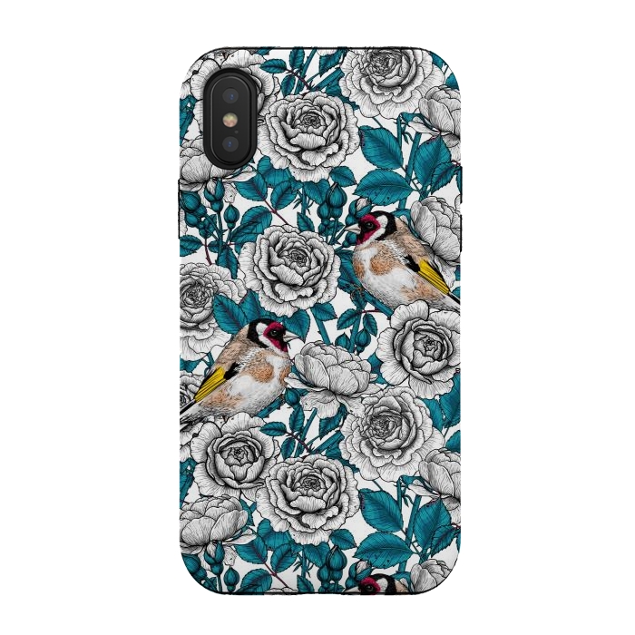 iPhone Xs / X StrongFit White rose flowers and goldfinch birds by Katerina Kirilova