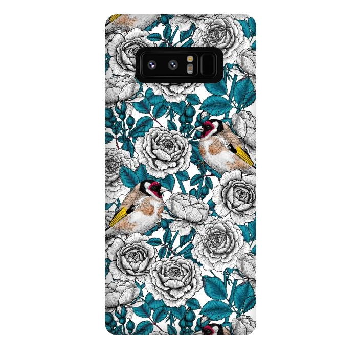 Galaxy Note 8 StrongFit White rose flowers and goldfinch birds by Katerina Kirilova