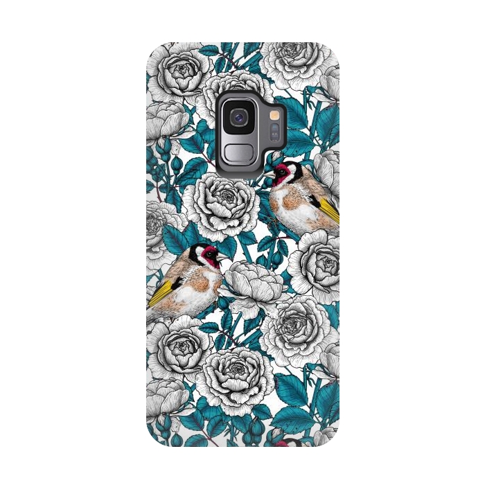 Galaxy S9 StrongFit White rose flowers and goldfinch birds by Katerina Kirilova