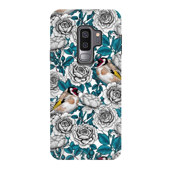 Galaxy S9 plus StrongFit White rose flowers and goldfinch birds by Katerina Kirilova