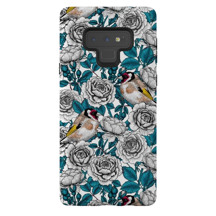 Galaxy Note 9 StrongFit White rose flowers and goldfinch birds by Katerina Kirilova
