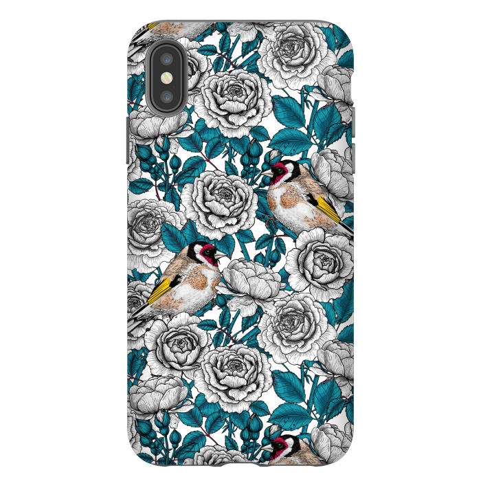 iPhone Xs Max StrongFit White rose flowers and goldfinch birds by Katerina Kirilova