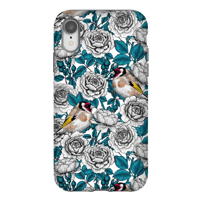 iPhone Xr StrongFit White rose flowers and goldfinch birds by Katerina Kirilova