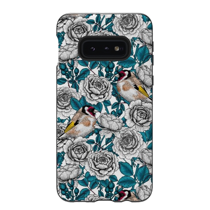 Galaxy S10e StrongFit White rose flowers and goldfinch birds by Katerina Kirilova