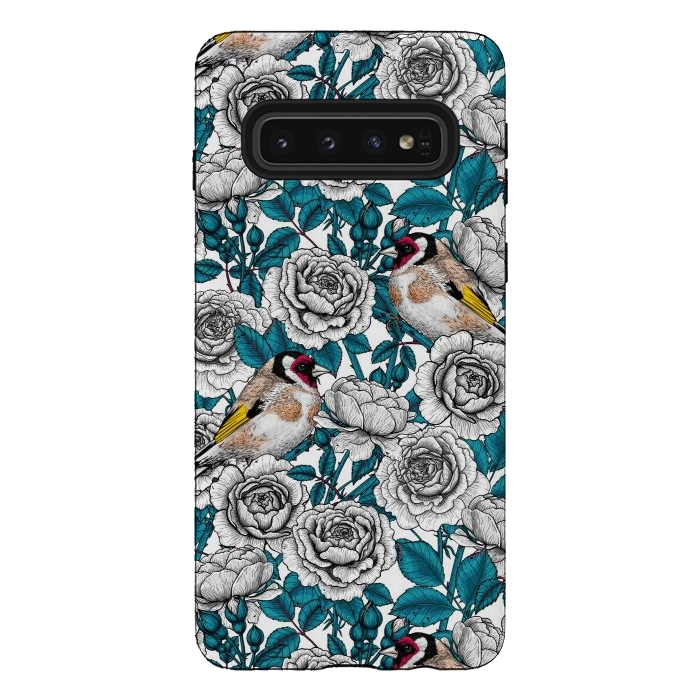 Galaxy S10 StrongFit White rose flowers and goldfinch birds by Katerina Kirilova