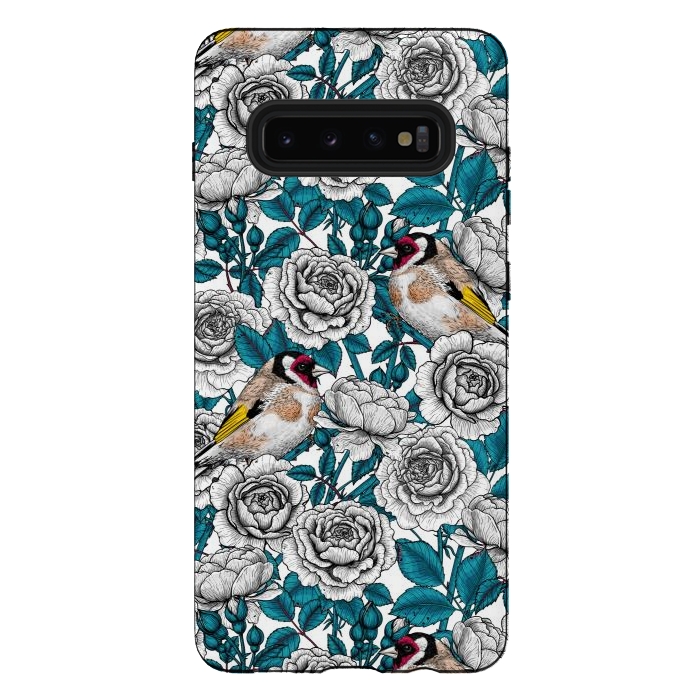 Galaxy S10 plus StrongFit White rose flowers and goldfinch birds by Katerina Kirilova