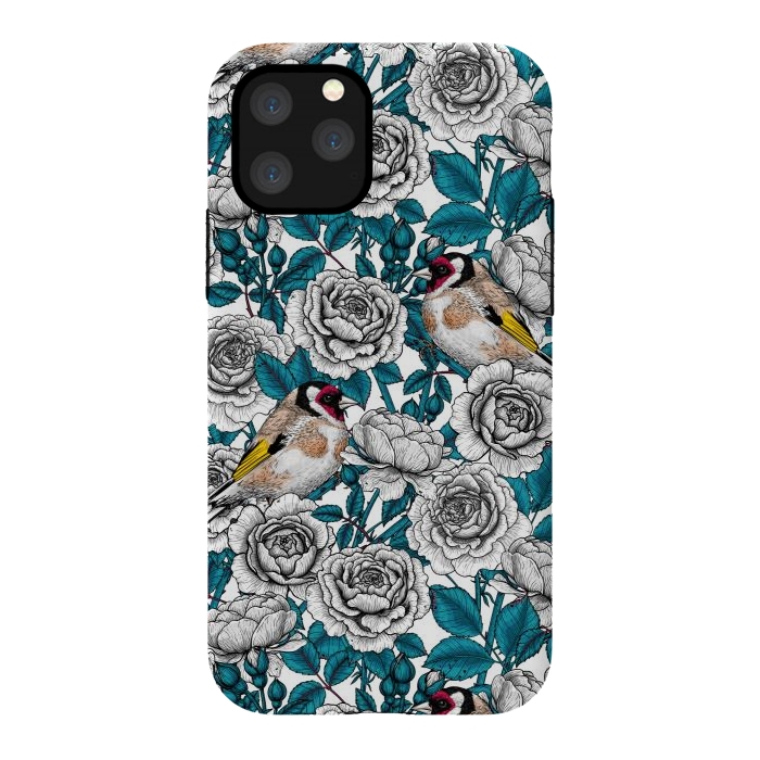 iPhone 11 Pro StrongFit White rose flowers and goldfinch birds by Katerina Kirilova